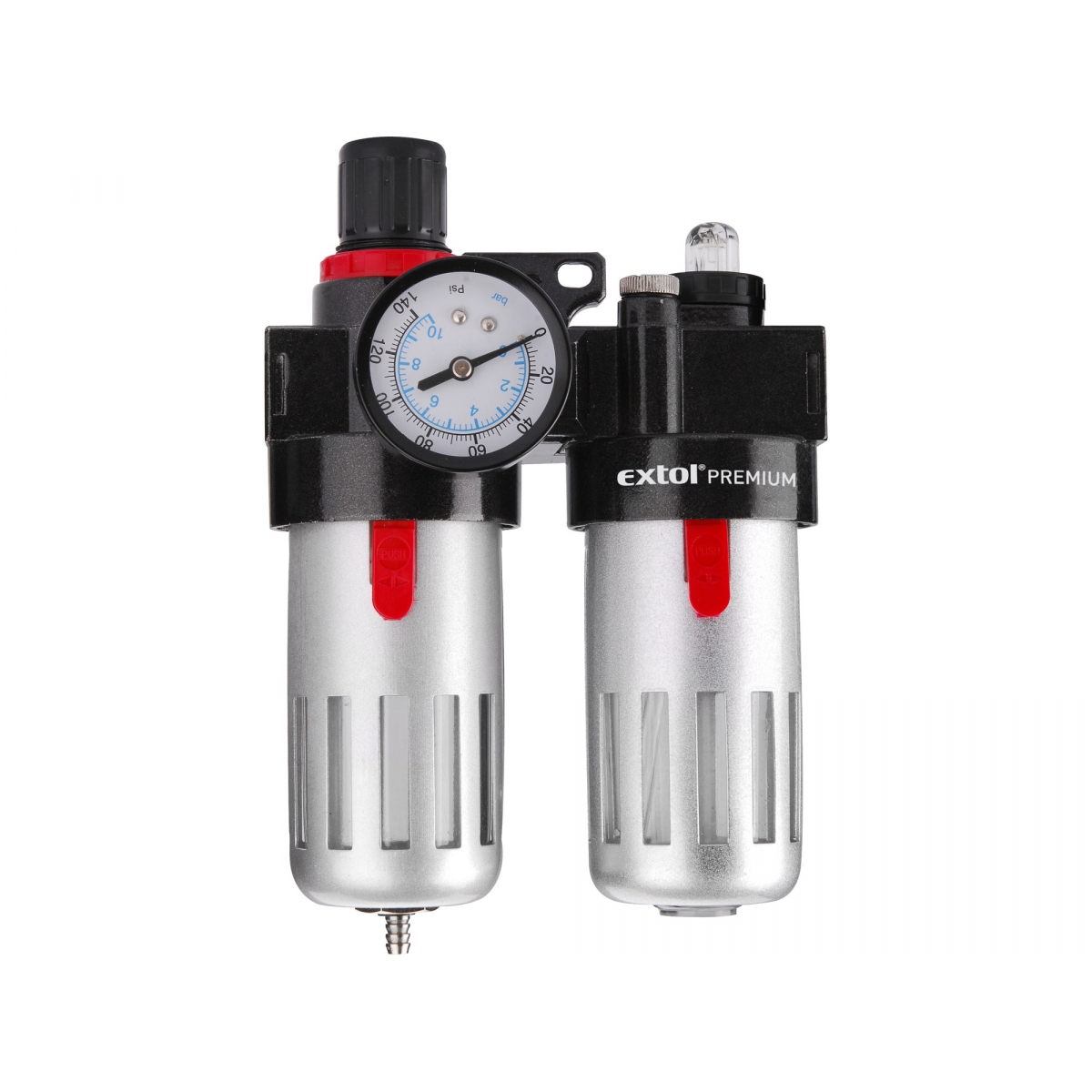 EXTOL PREMIUM Regulátor tlaku s filtrem, manometrem a přim. oleje