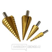 Vrtáky stupňovté GEKO, sada 4ks, 4-12mm, 4-20mm, 4-32mm, 4-39mm, dřevěná kazeta, TiN  Náhled