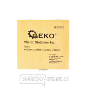 Vrtáky stupňovté GEKO, sada 4ks, 4-12mm, 4-20mm, 4-32mm, 4-39mm, dřevěná kazeta, TiN  Náhled