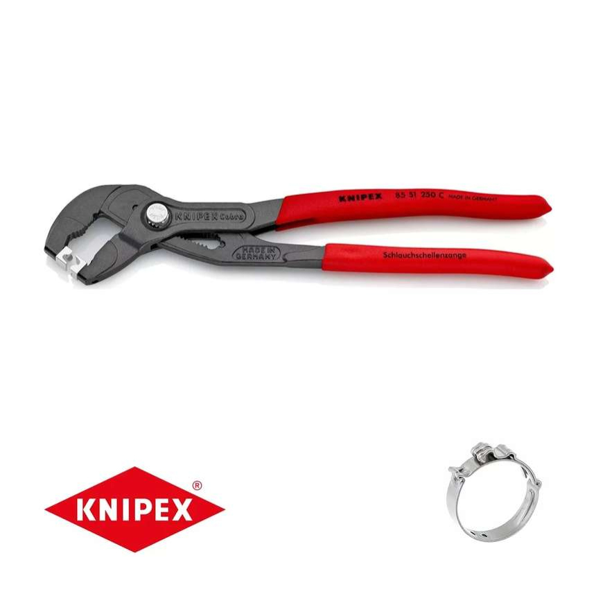 Kleště na hadicové spony KNIPEX 85 51 250 C, 250 mm - protiskluzová rukojeť, šedě fosfátované atramentolem