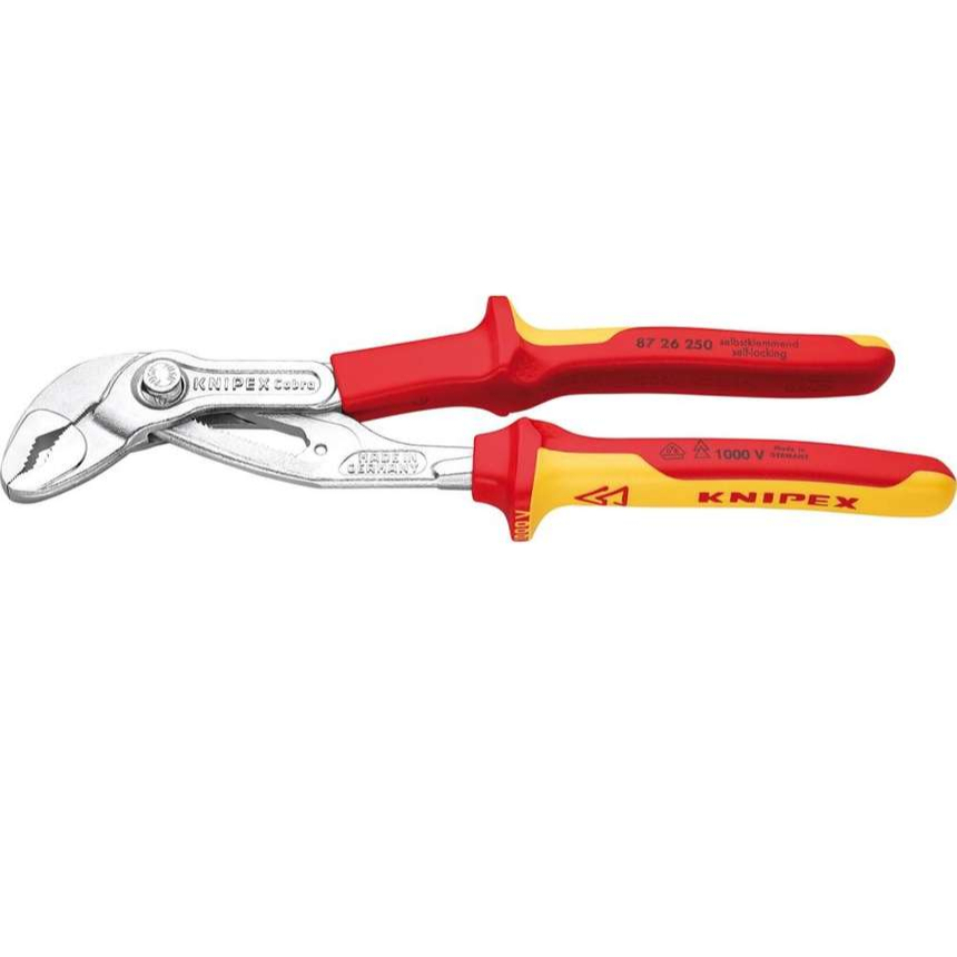 Instalatérské kleště VDE-Cobra 250 mm. KNIPEX 87 26 250 - 1000V. Chromováno, vícesložkové návleky