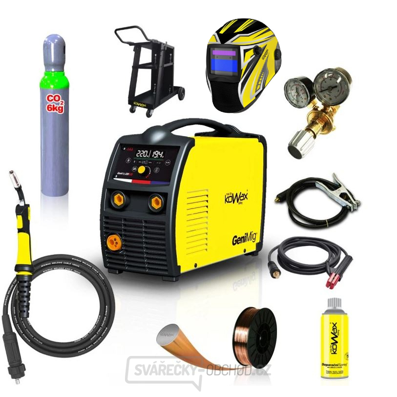 Kowax Genimig 220 LCD + Hořák + Kabely + Red. Ventil + Kukla + Drát + Sprej + Vozík + Redukce + plná Láhev Co2 Kowax Genimig 220 LCD + Hořák + Kabely + Red. Ventil + Kukla + Drát + Sprej + Vozík + Redukce + plná Láhev Co2 gallery main image