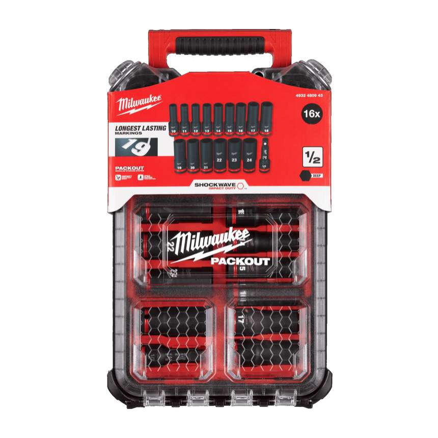 Sada rázových nástrčných nástavců 1/2&quot; Packout Milwaukee 10-24 mm prodloužené (16 ks)