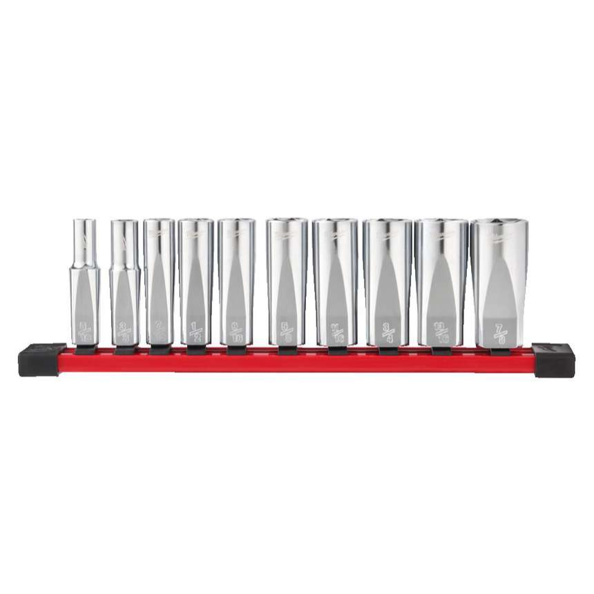 Nástrčné hlavice 3/8&quot; šestihran 5/16 ÷ 7/8&quot; Milwaukee 4932492510 - chromované, prodloužené, palcové (Sada 10 dílů)